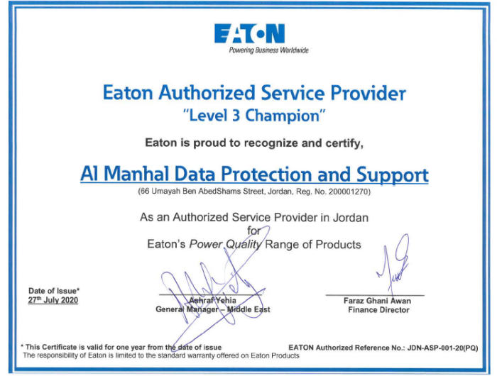 Eaton Authorized Service Provider Certificate - Renewable Energy in Jordan