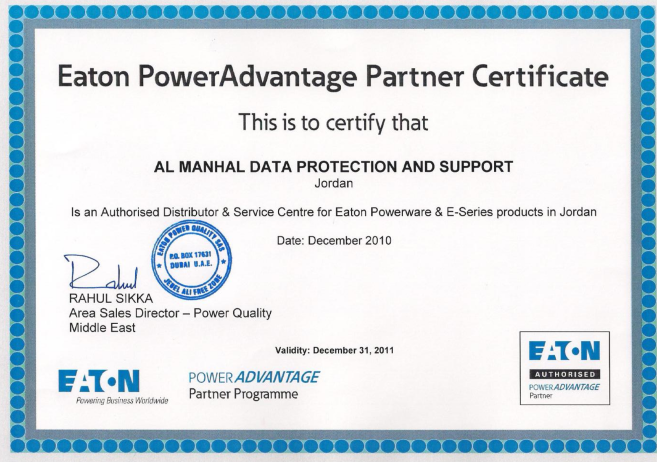 Eaton PowerAdvantage Partner Certificate - Renewable Energy in Jordan