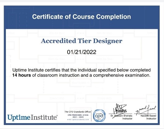 certificate of course completion by Uptime Institute